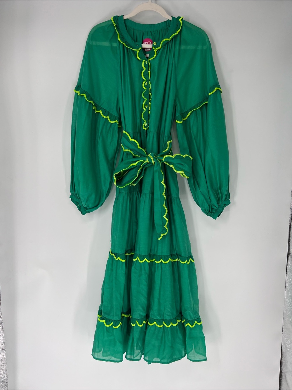 Celia B Green Belted Button Down Scalloped Colorful Balloon Sleeve Maxi Dress L